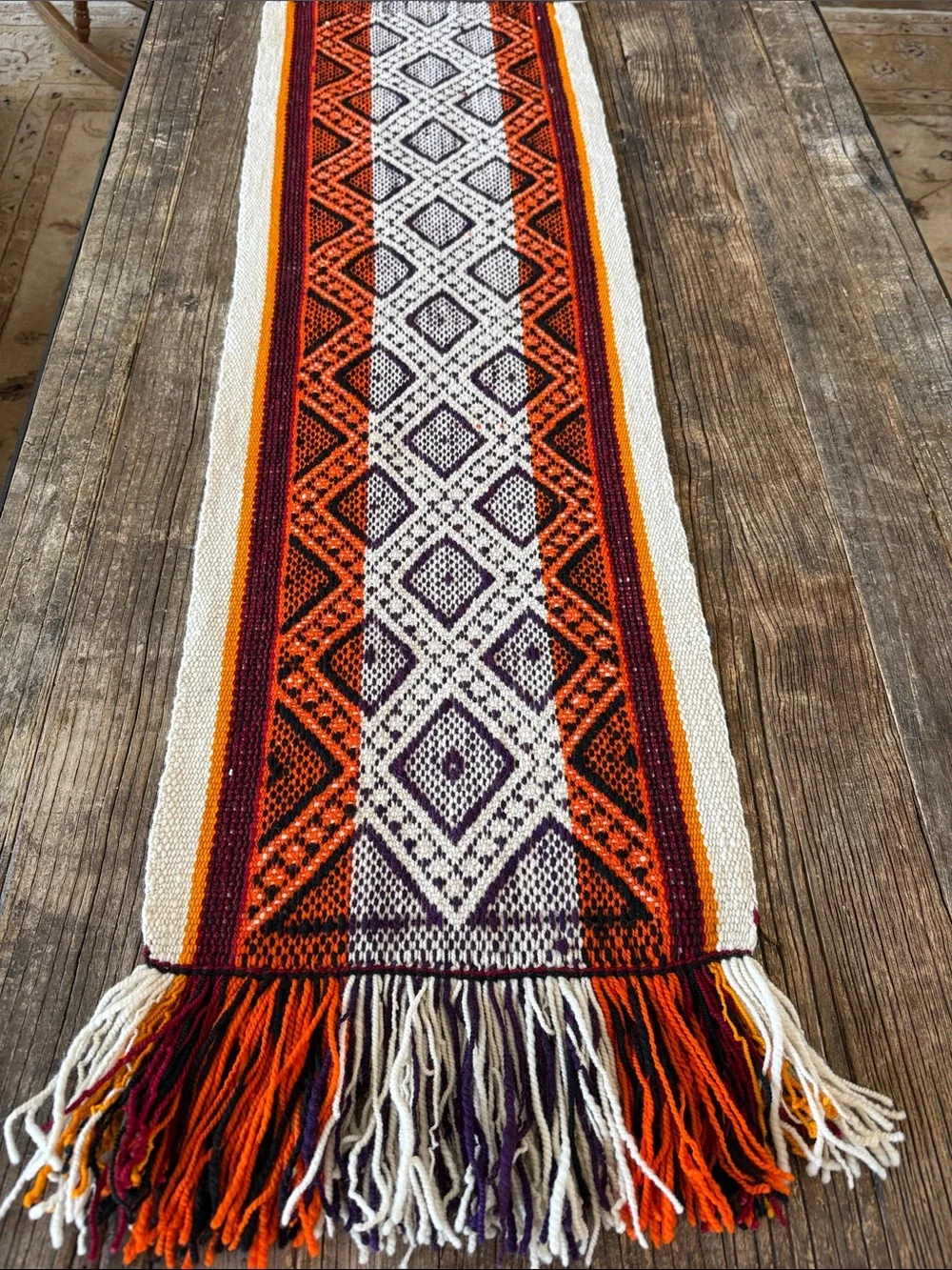 Vintage Handwoven Table Runner in Orange, Purple & Cream